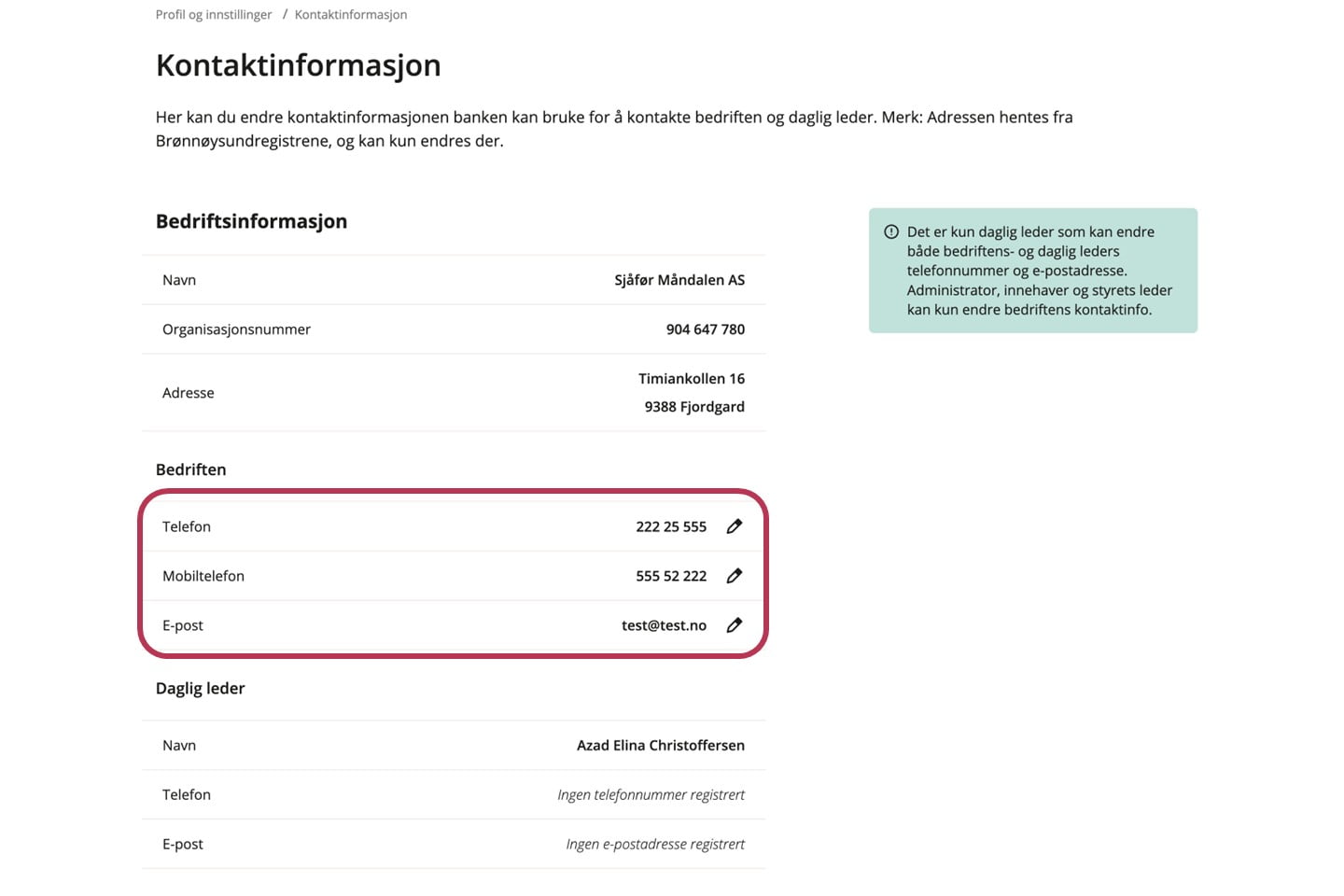 Skjermdump av hvor man oppdaterer kontaktinformasjonen i nettbanken