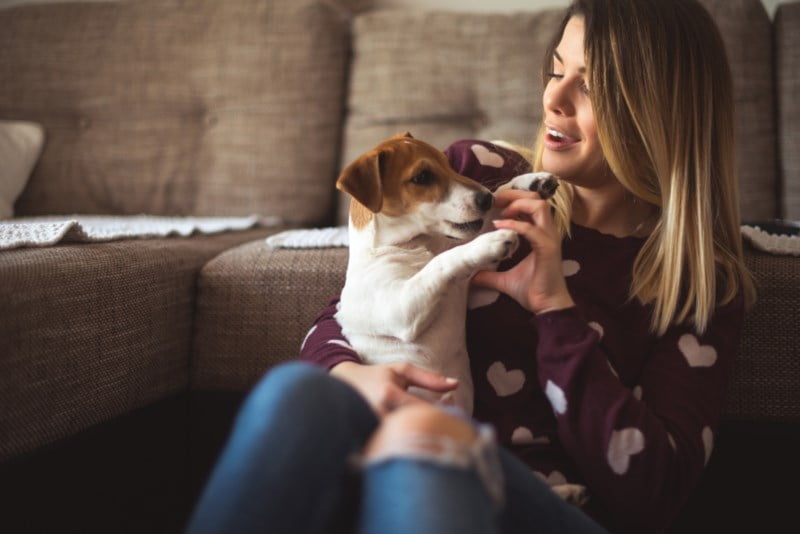 Dame leker med hund hun har på fanget foran en sofa